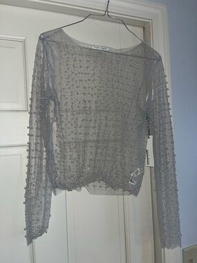 Haute Monde Pearl-Studded Sheer Long Sleeve Top